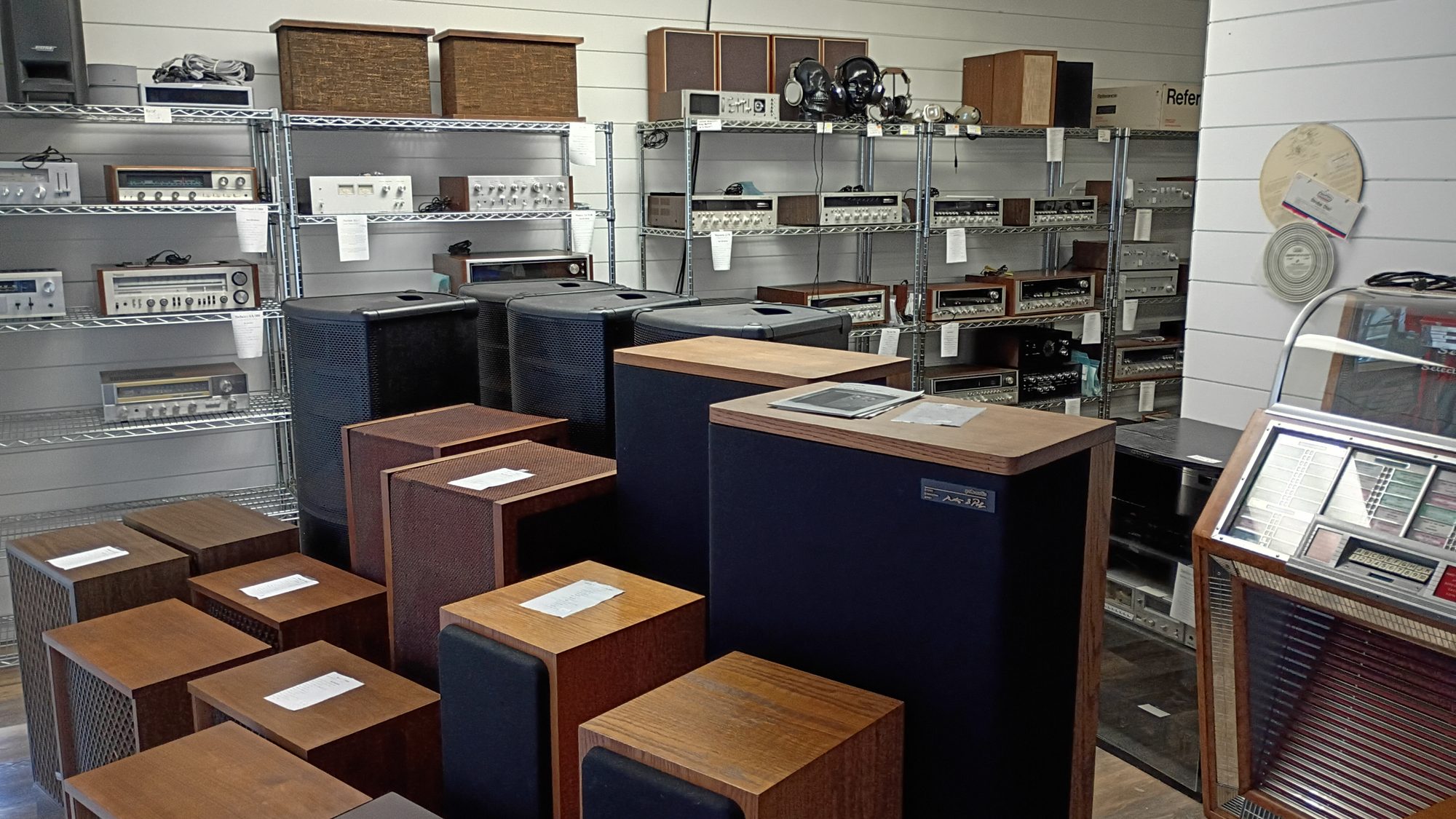 Vintage receivers and speakers on display